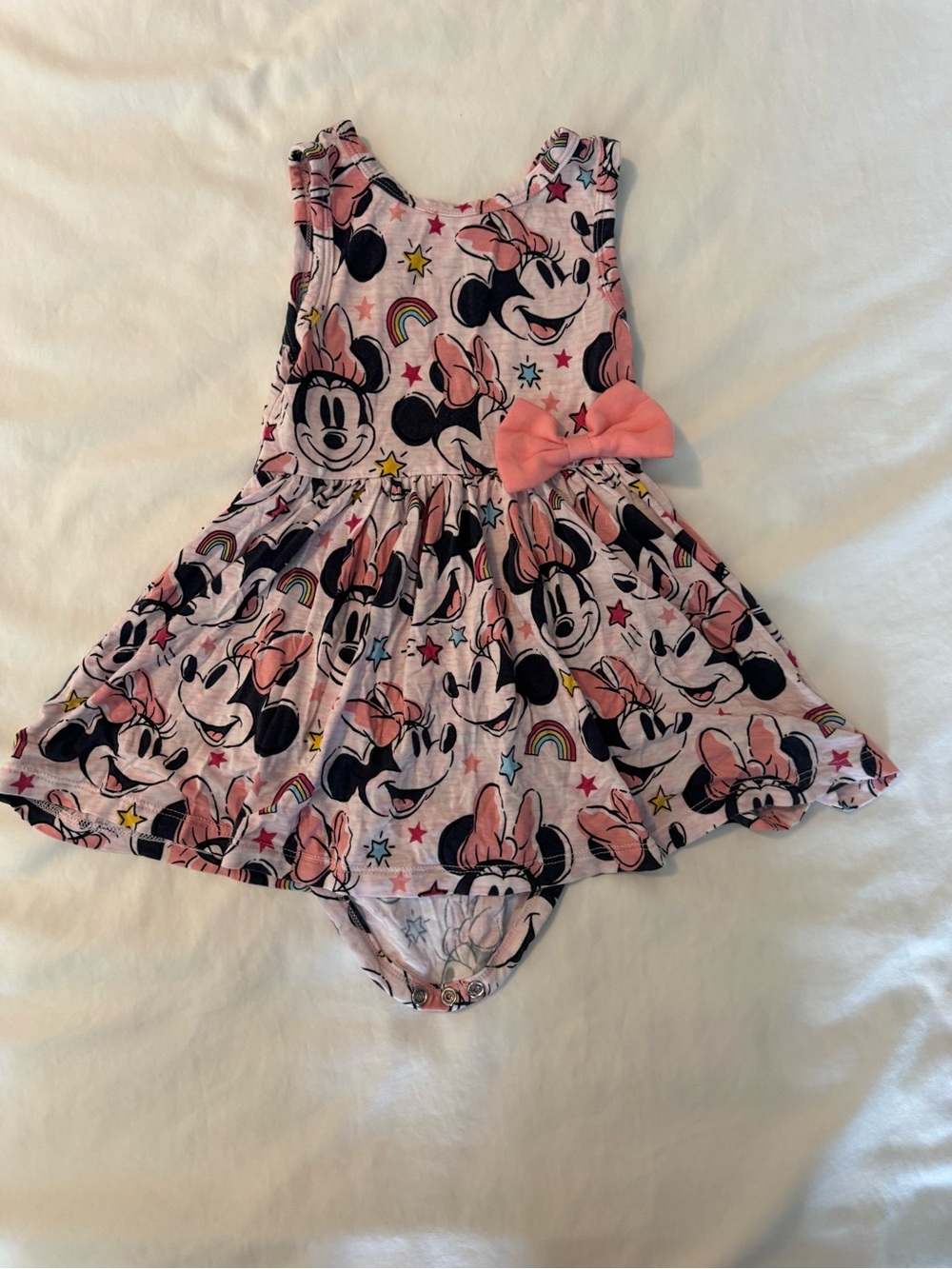 Little Sleepies Pink Minnie Mouse Bow Romper Dress with Rainbows
